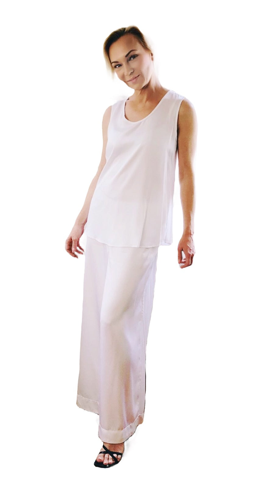 White sleeveless top and white long pants, made from 400ct Bamboo material, soft and relaxed fit