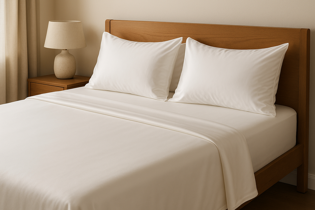 400CT snow shite bamboo bedding set with two pillows flat chit anf fitted sheet set up elegantly nice and cosy