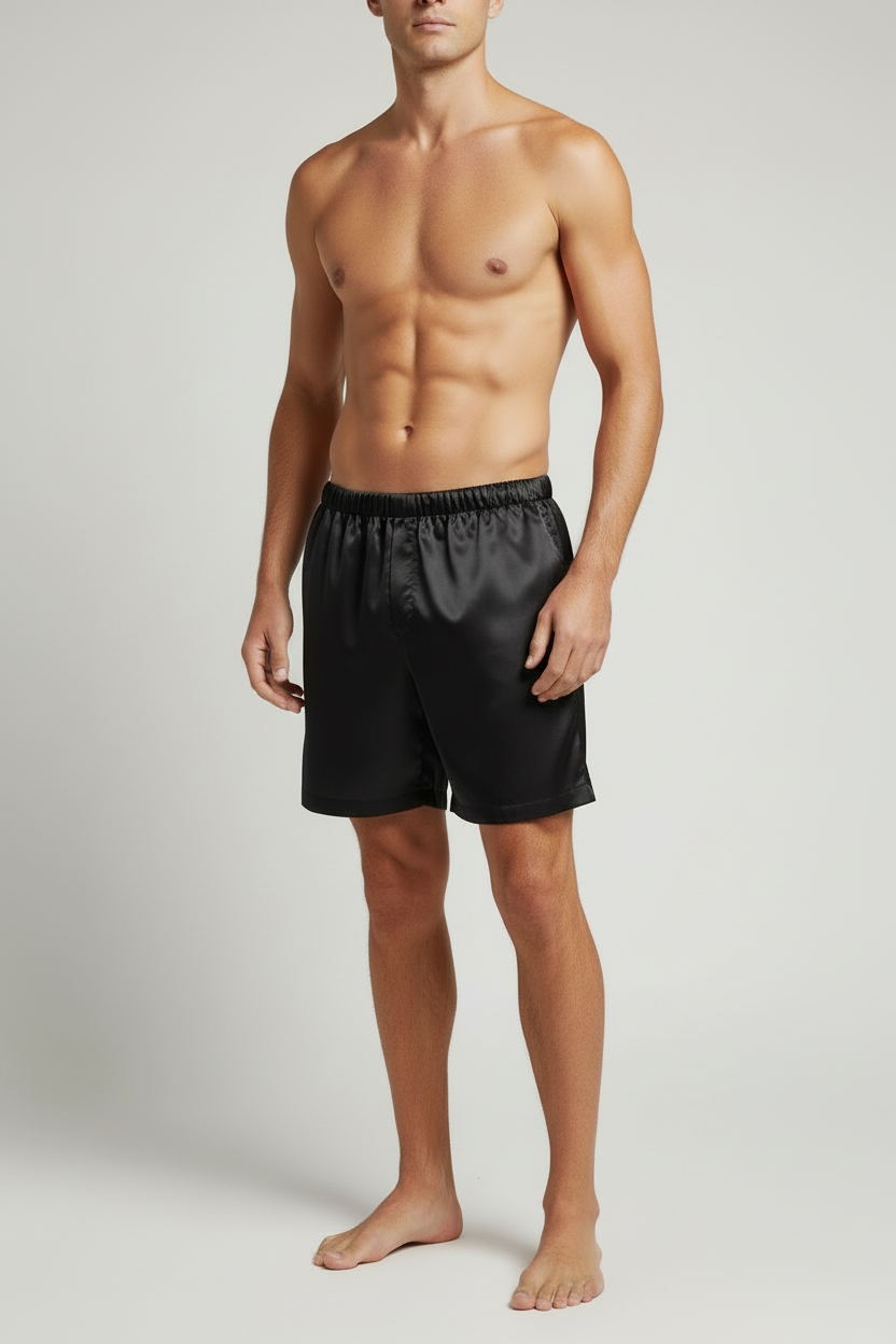 Black silk shorts on male model - hands out