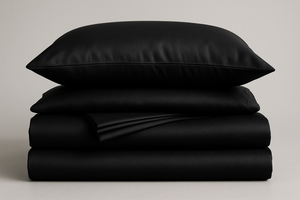 folded black bambo bedding set sheets and pillowcaes
