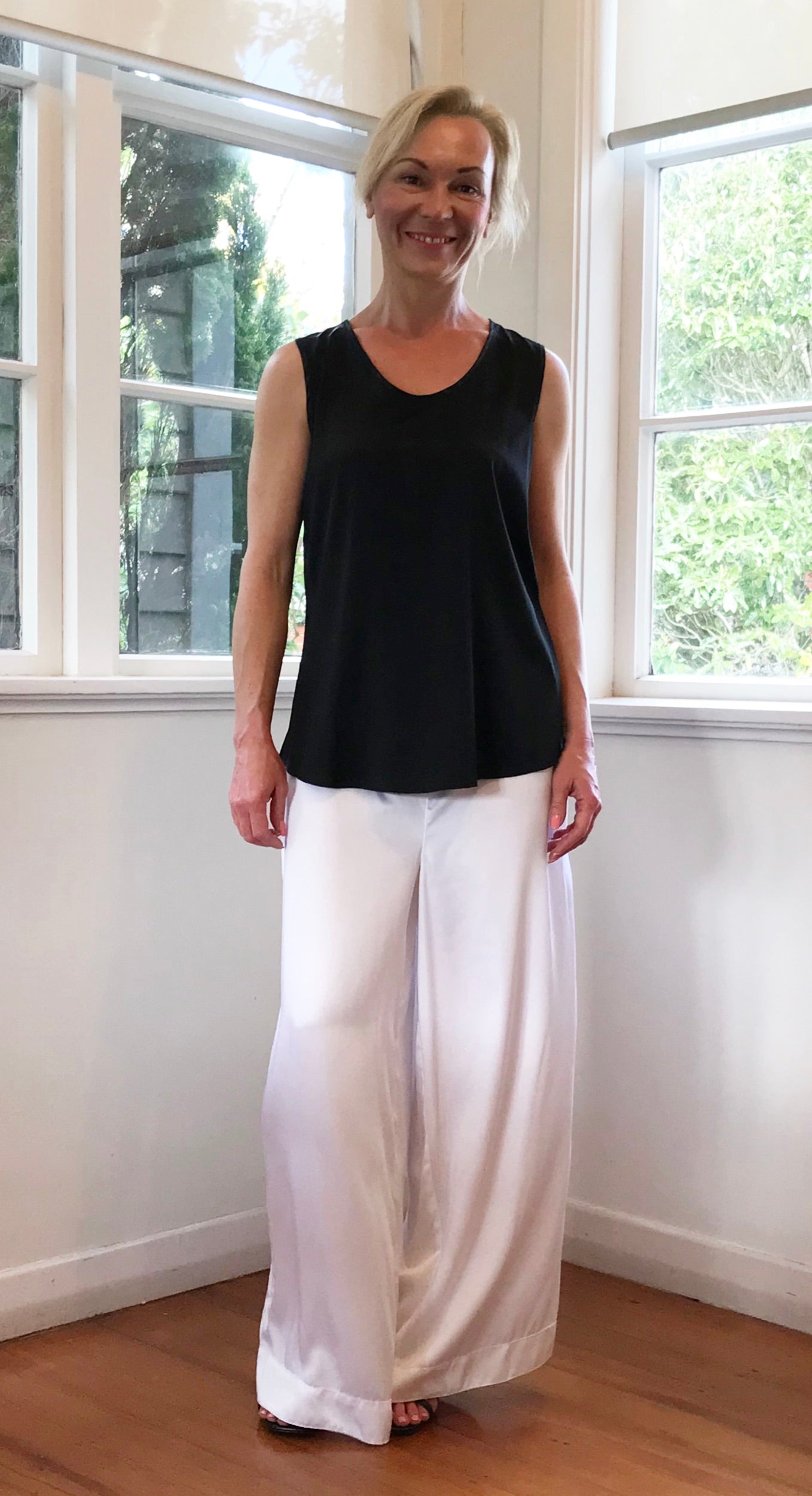 silk top black with white pants